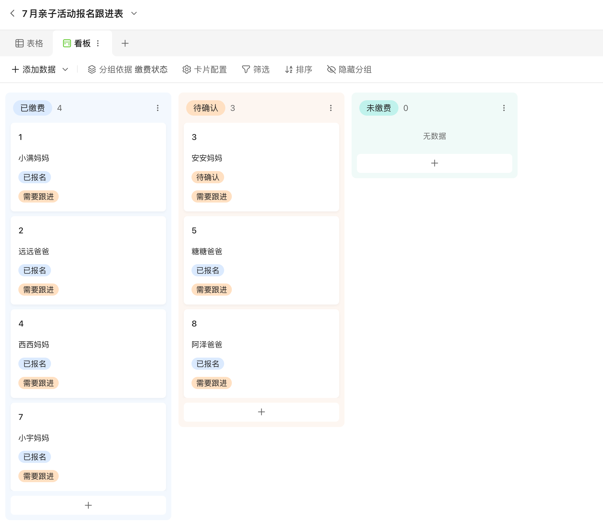 金数据表格看板视图按缴费状态分组