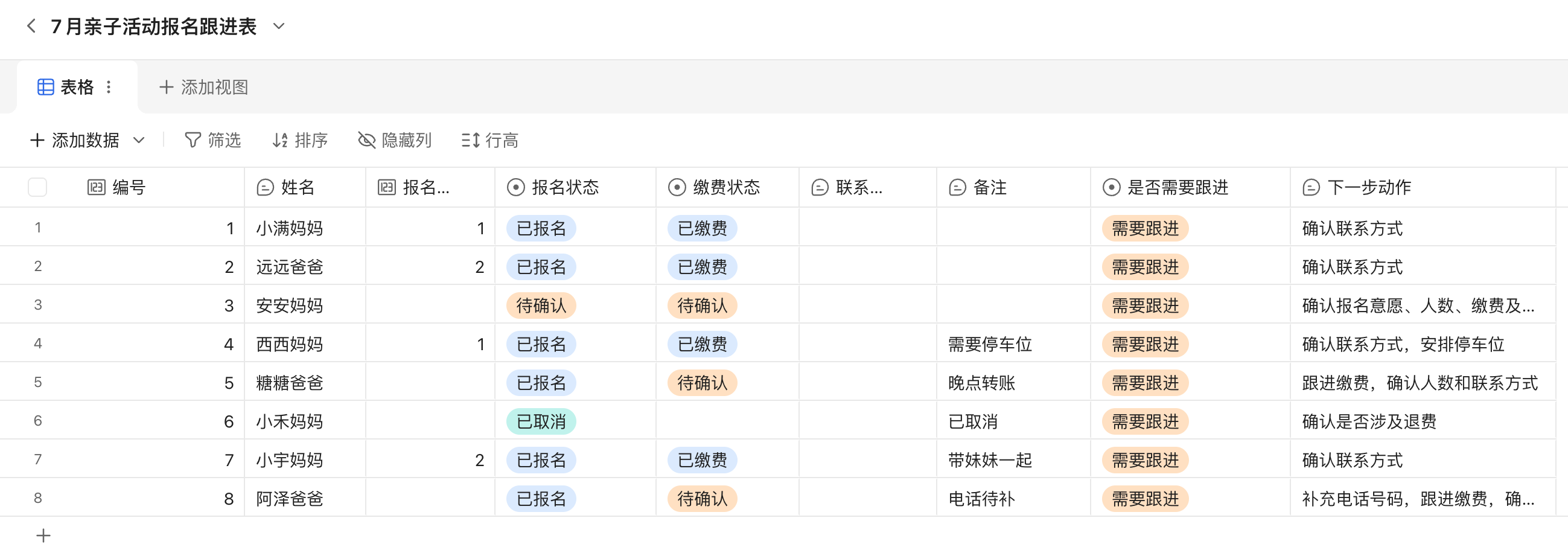 金数据表格里的 7 月亲子活动报名跟进表