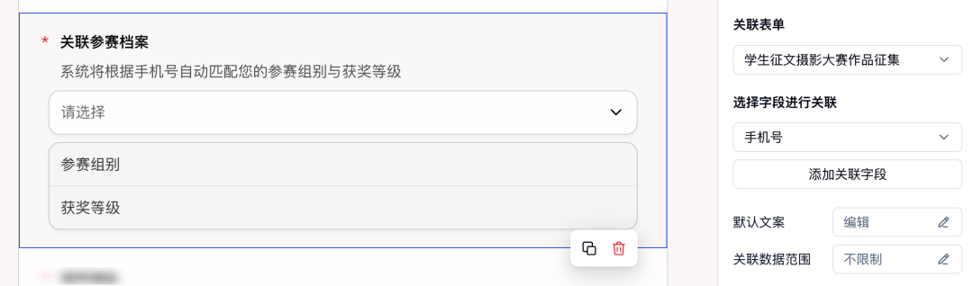 表单关联字段以手机号匹配作品征集表并展示参赛组别和获奖等级