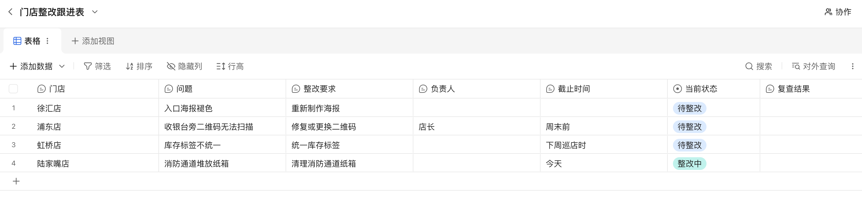 金数据 AI 生成的门店整改跟进表，包含门店、问题、整改要求、负责人、截止时间和当前状态
